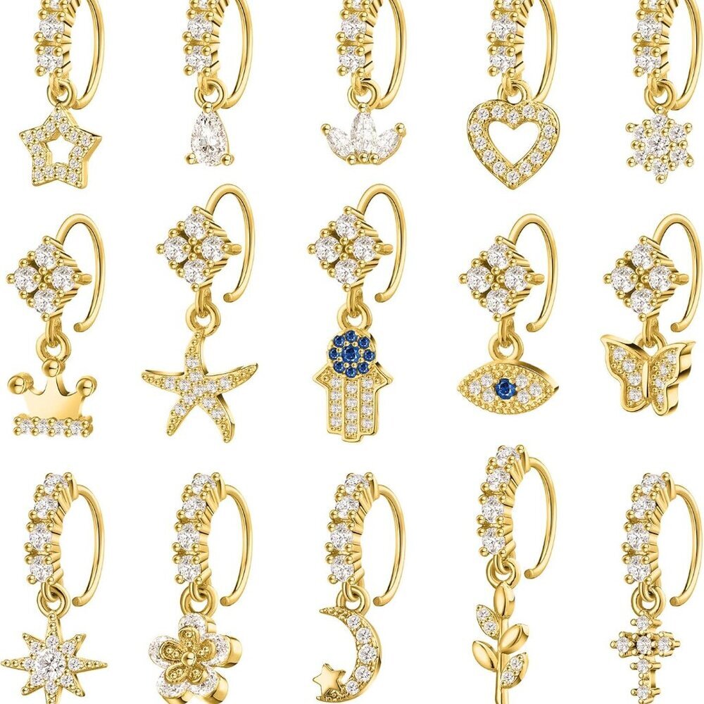 Dangle Nose Rings Hoops Heart Piercing Jewelry For Women Gold 15 Pcs